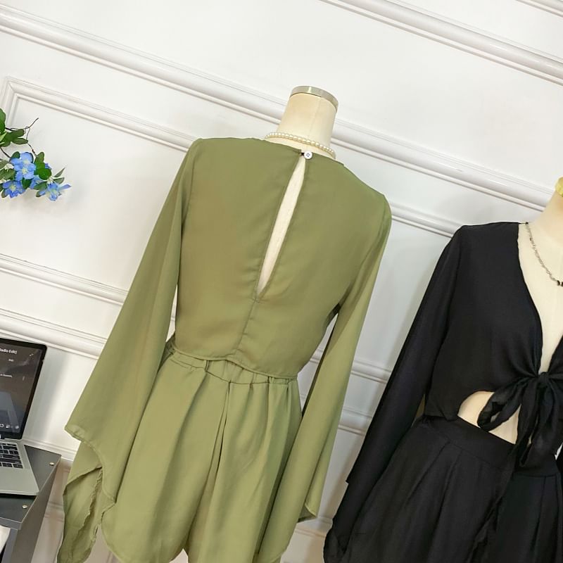 Set: Bell-Sleeved V-Neck Tie-Front Top + High-Waisted Shorts