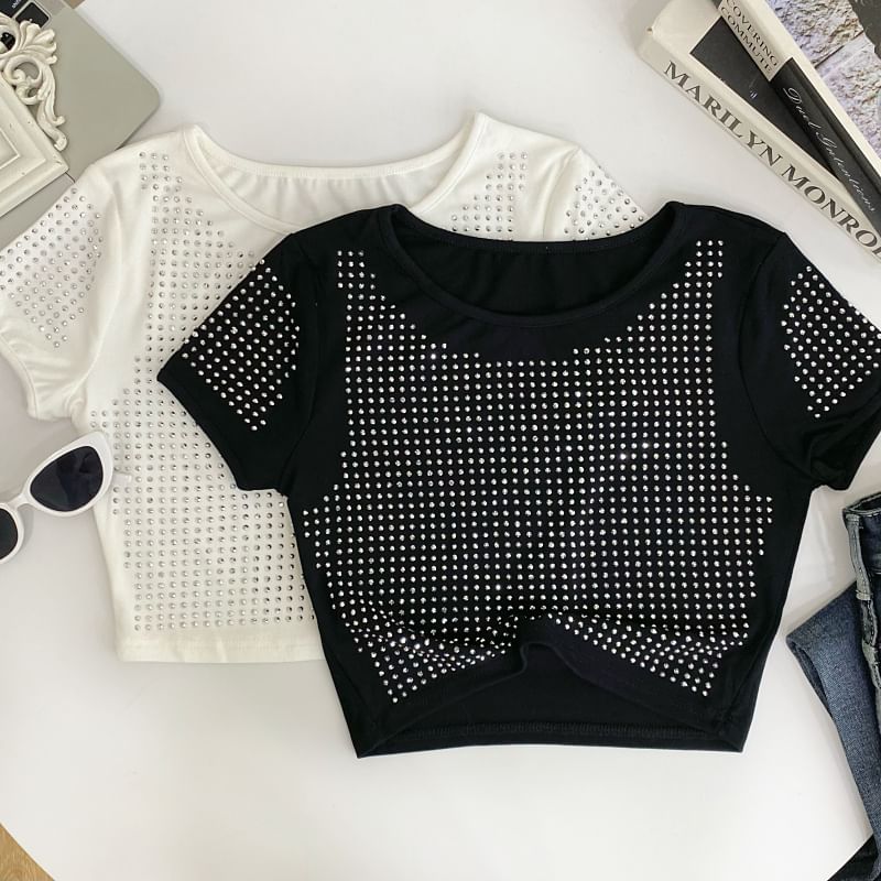 Crewneck Plain Rhinestone Cropped Short-Sleeved Tee