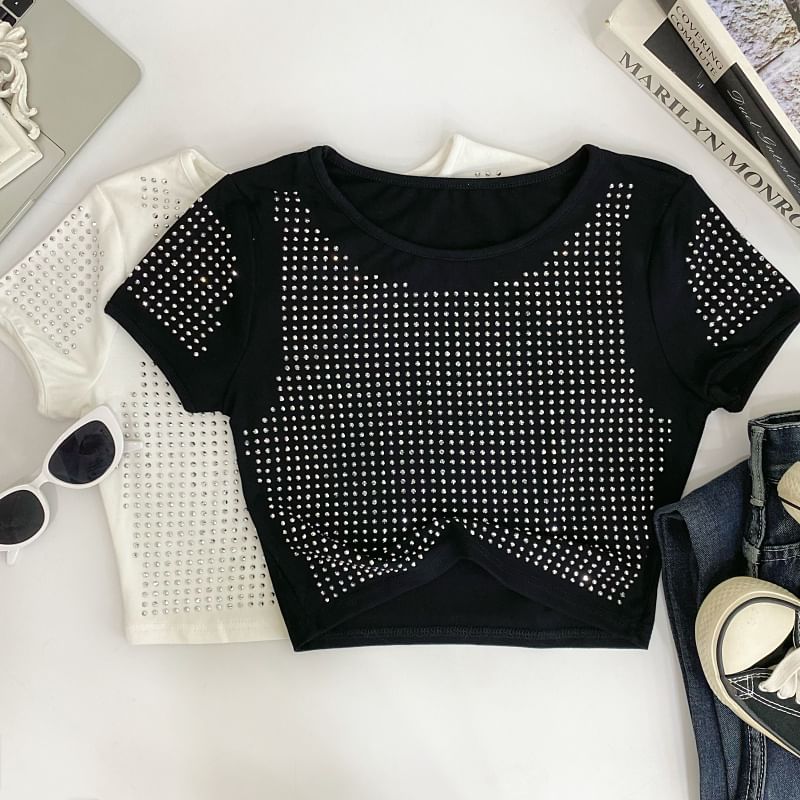 Crewneck Plain Rhinestone Cropped Short-Sleeved Tee