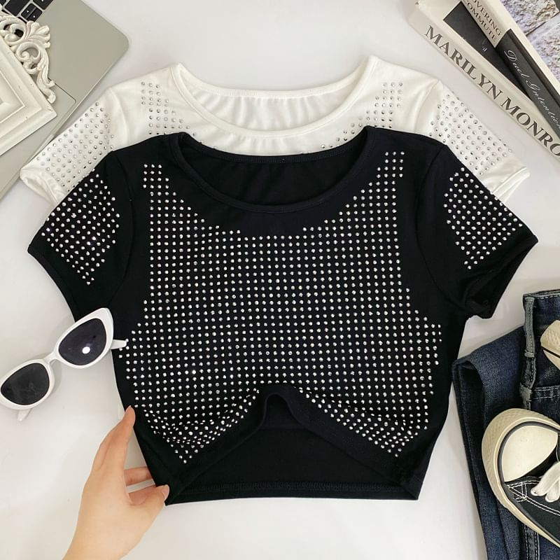 Crewneck Plain Rhinestone Cropped Short-Sleeved Tee