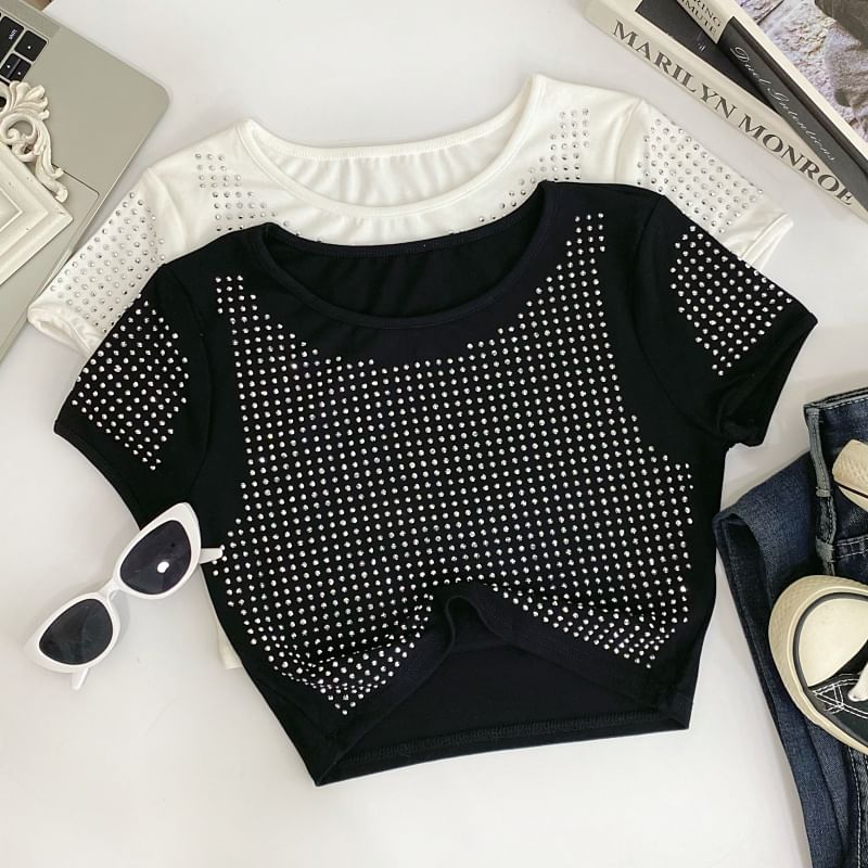 Crewneck Plain Rhinestone Cropped Short-Sleeved Tee
