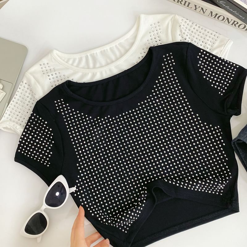 Crewneck Plain Rhinestone Cropped Short-Sleeved Tee
