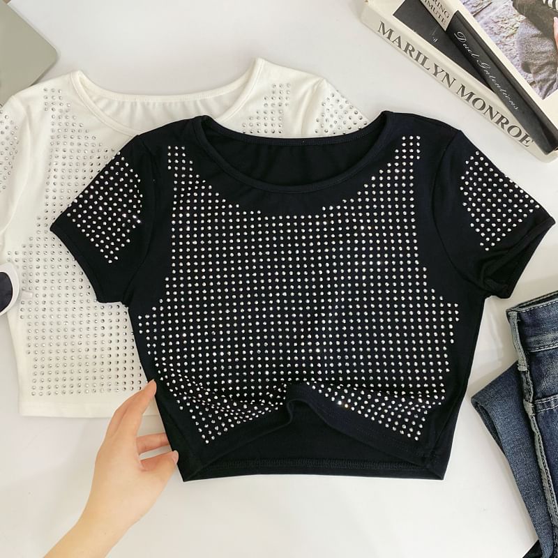 Crewneck Plain Rhinestone Cropped Short-Sleeved Tee