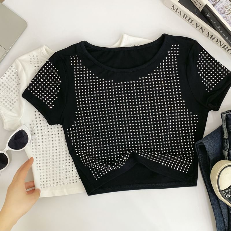 Crewneck Plain Rhinestone Cropped Short-Sleeved Tee