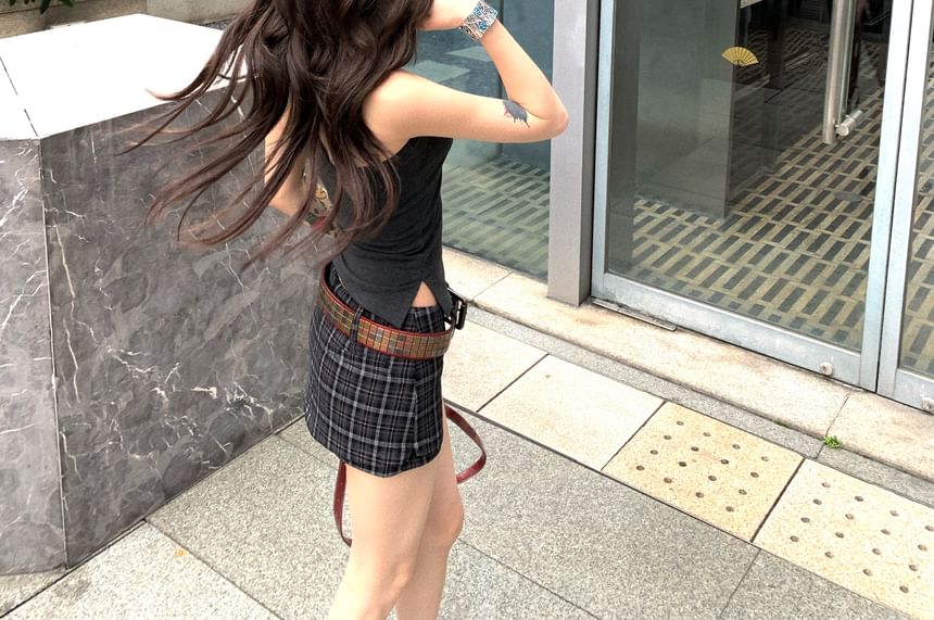 Spaghetti-Strap Slit Plain Cami & High-Waisted Plaid Mini Skirt