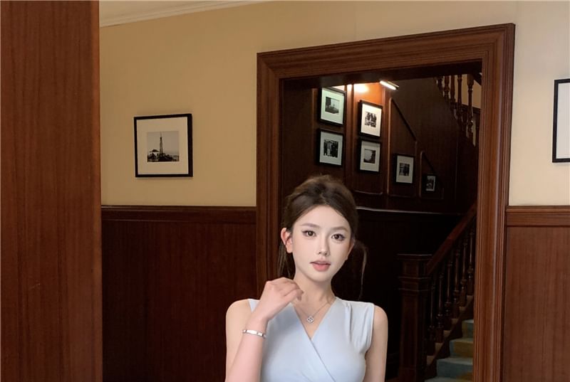 Sleeveless V-Neck Wrap-Style Plain Blouse & High-Waisted Midi Pencil Skirt