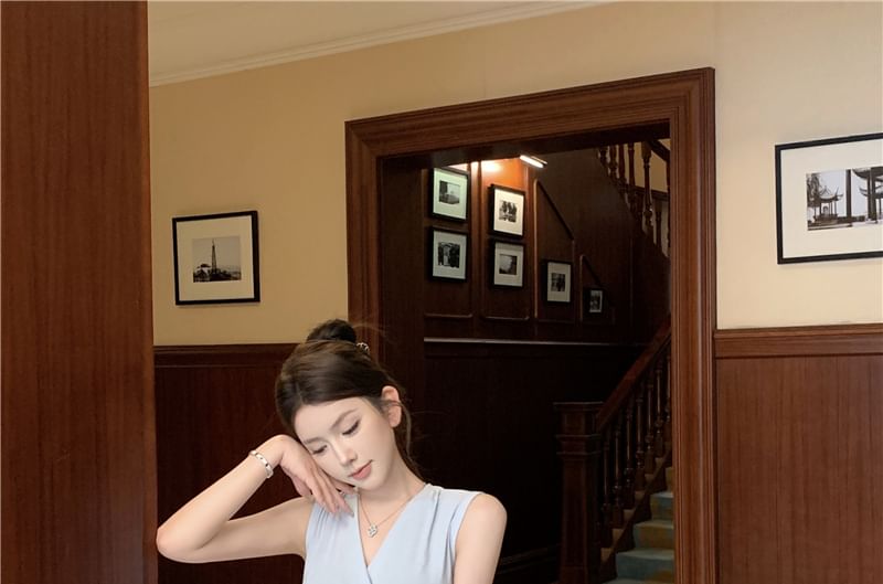 Sleeveless V-Neck Wrap-Style Plain Blouse & High-Waisted Midi Pencil Skirt