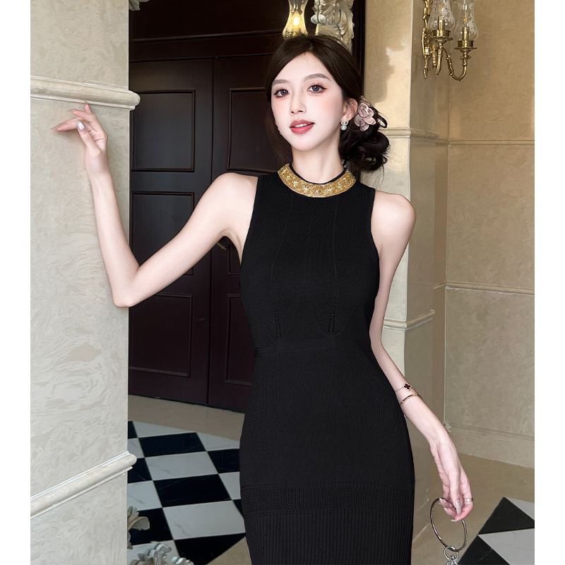 Black Mock Neck Beaded Ribbed Knit Sheath Dress - Altfashion Shop