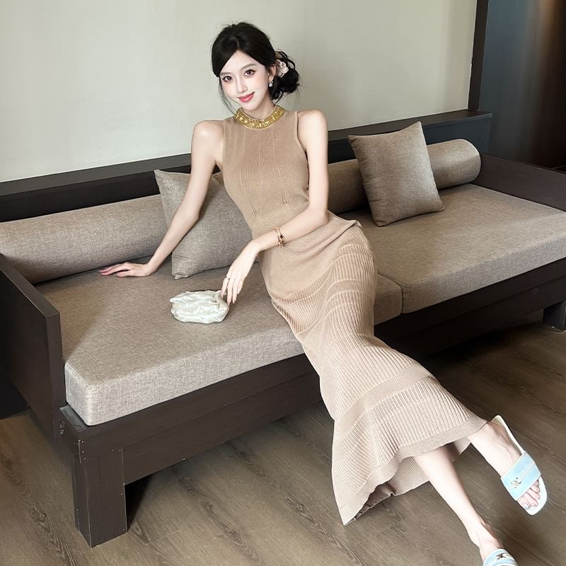 Black Mock Neck Beaded Ribbed Knit Sheath Dress - Altfashion Shop