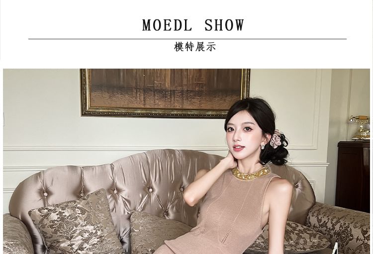 Black Mock Neck Beaded Ribbed Knit Sheath Dress - Altfashion Shop