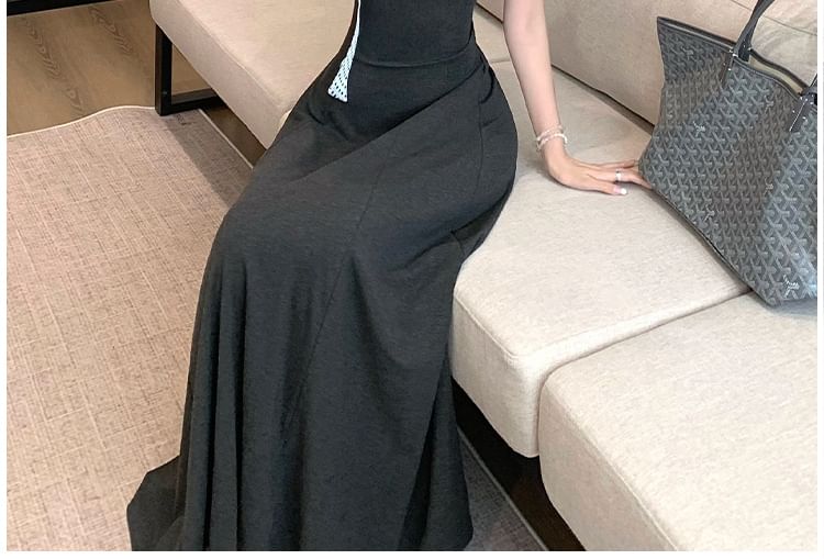 Black Short Sleeve Scoop Neck Cutout Tie Back Maxi Dress - Altfashion Shop
