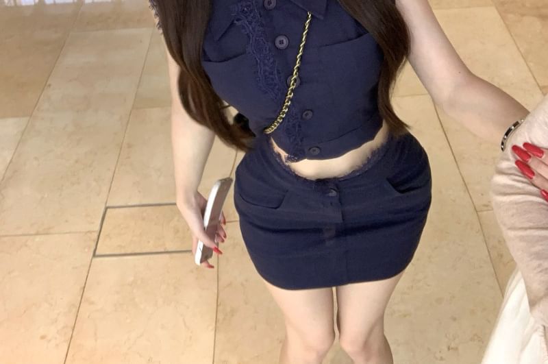 Sleeveless Collared Button Up Shirt & High Waist Mini Pencil Skirt
