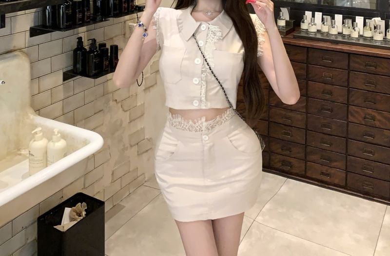Sleeveless Collared Button Up Shirt & High Waist Mini Pencil Skirt