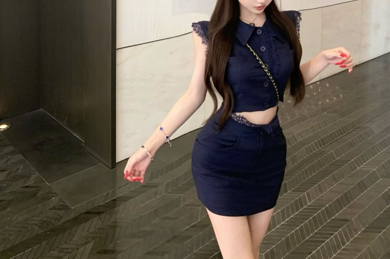 Sleeveless Collared Button Up Shirt & High Waist Mini Pencil Skirt