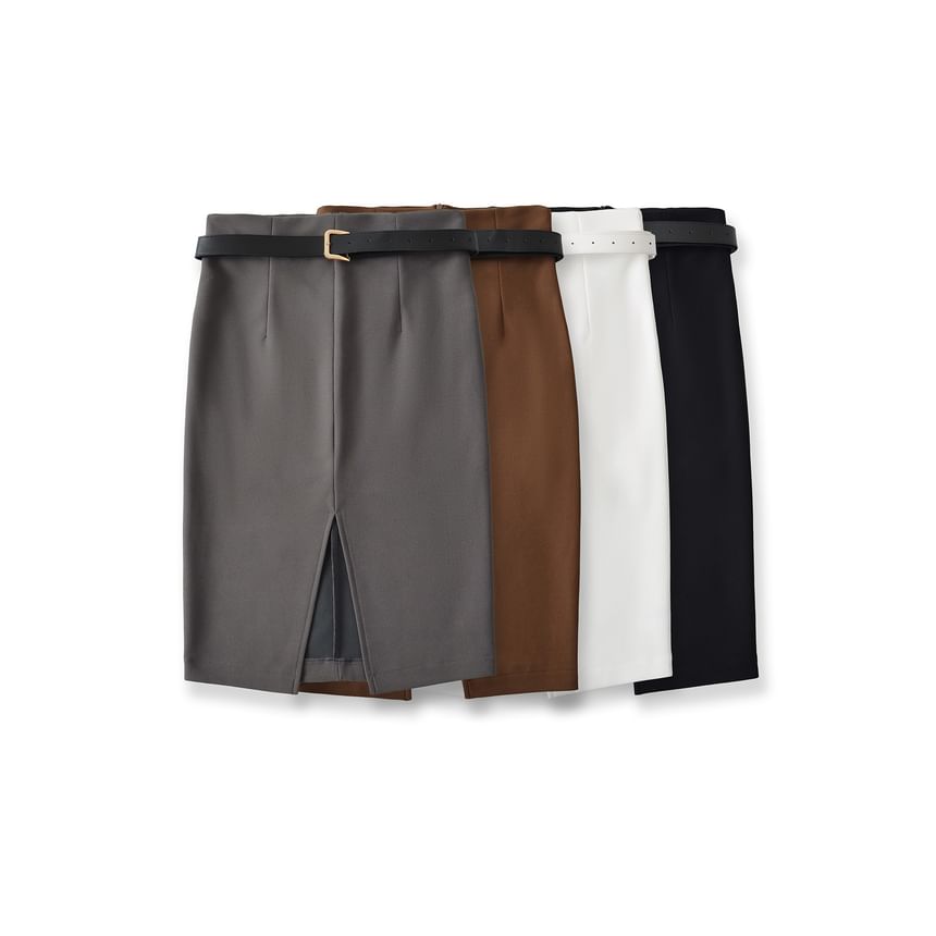 Front-Slit Pencil Skirt with High Rise Waist