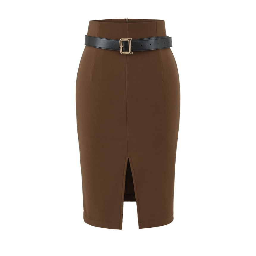 Front-Slit Pencil Skirt with High Rise Waist