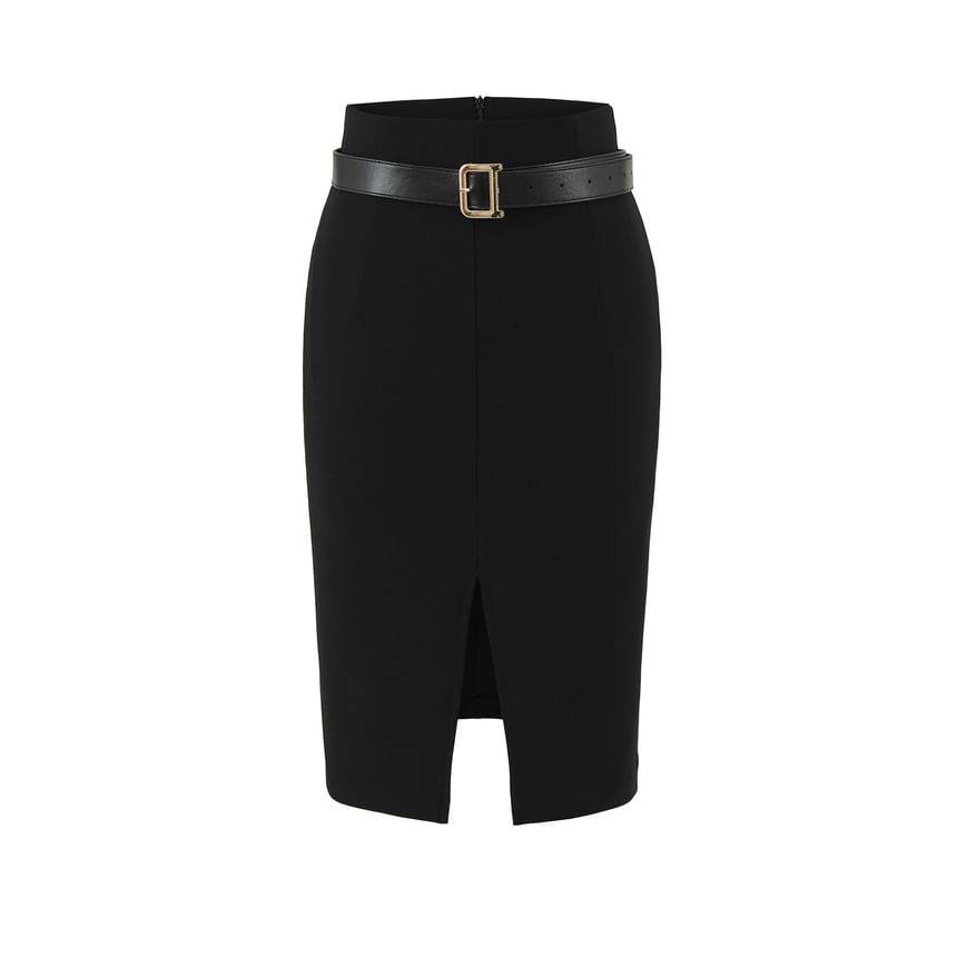 Front-Slit Pencil Skirt with High Rise Waist