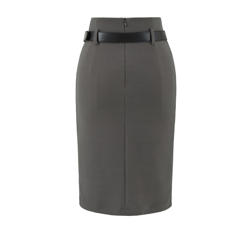 Front-Slit Pencil Skirt with High Rise Waist