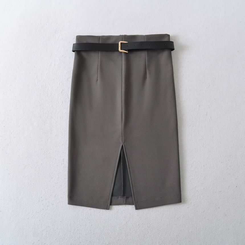 Front-Slit Pencil Skirt with High Rise Waist
