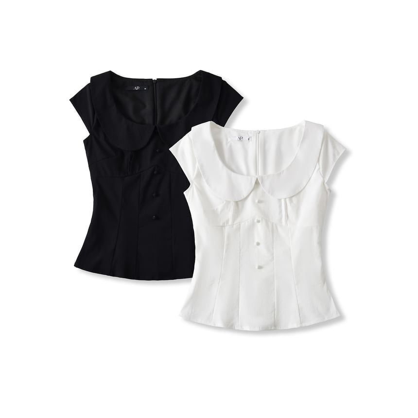 Plain Scoop-Neck Cap-Sleeved Blouse