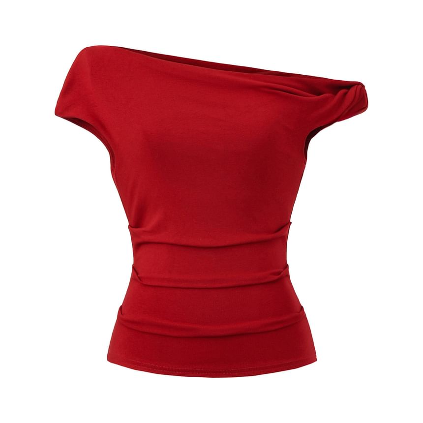 One-Shoulder Plain Ruched Cap-Sleeved Tee