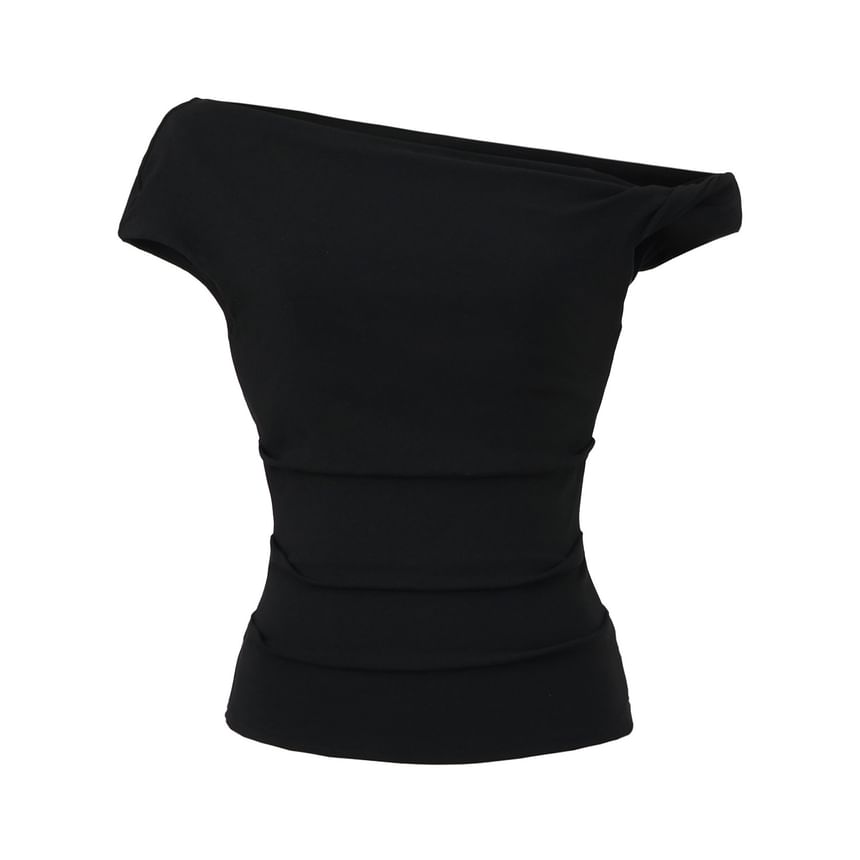 One-Shoulder Plain Ruched Cap-Sleeved Tee