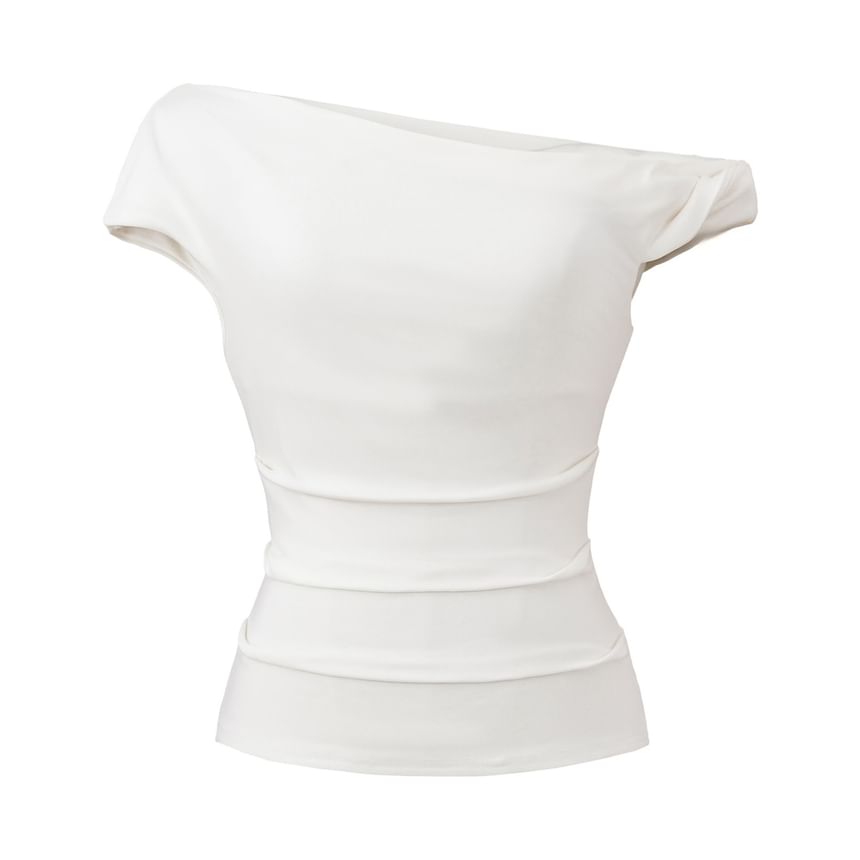 One-Shoulder Plain Ruched Cap-Sleeved Tee