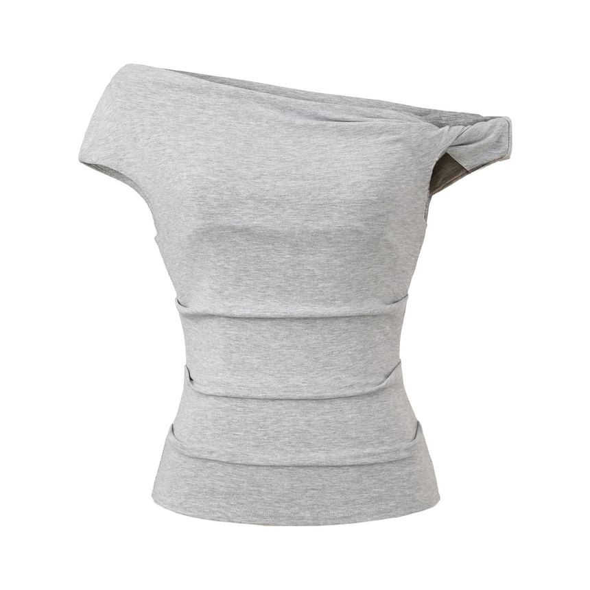 One-Shoulder Plain Ruched Cap-Sleeved Tee