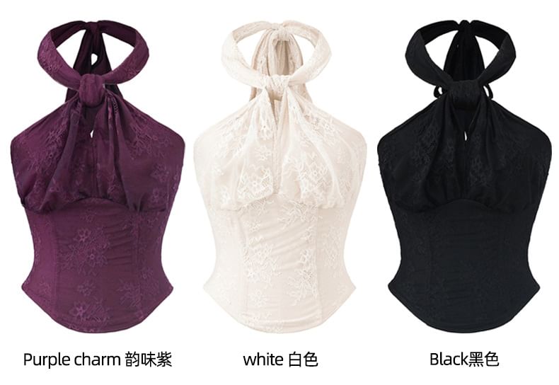 Asymmetric Floral Lace Halter Blouse