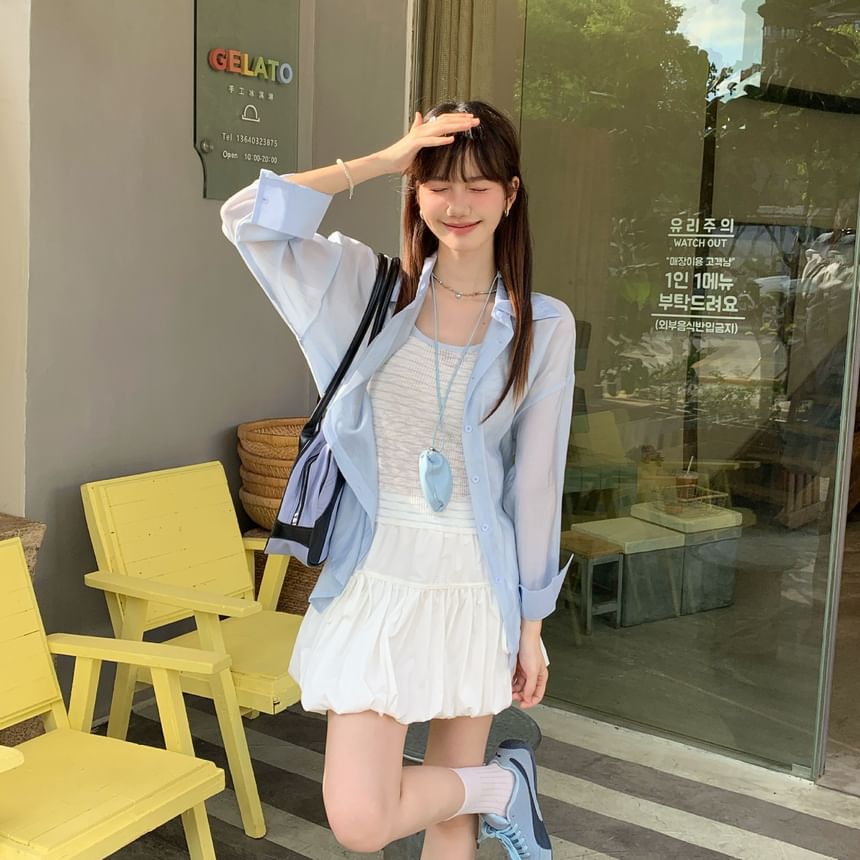 Plain Sheer Button-Up Long-Sleeved Shirt / Striped Scoop-Neck Crop Cami