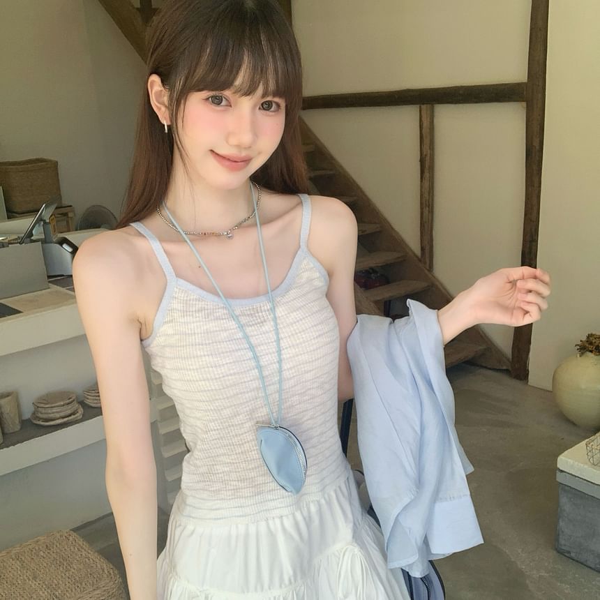 Plain Sheer Button-Up Long-Sleeved Shirt / Striped Scoop-Neck Crop Cami