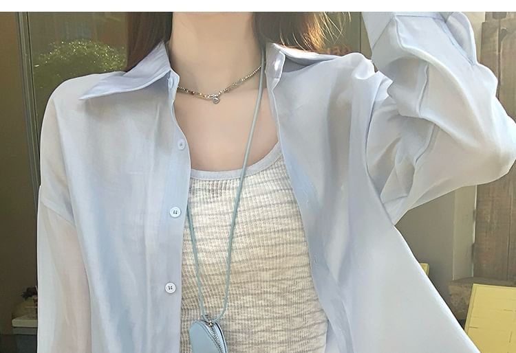 Plain Sheer Button-Up Long-Sleeved Shirt / Striped Scoop-Neck Crop Cami