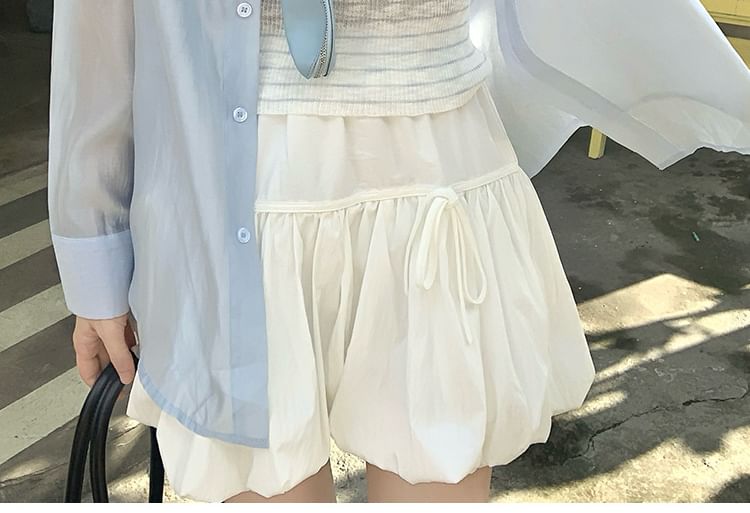 Plain Sheer Button-Up Long-Sleeved Shirt / Striped Scoop-Neck Crop Cami