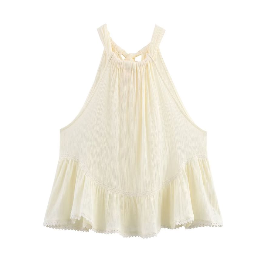 Plain Halter-Neck Lace Panel Tie-Back Blouse