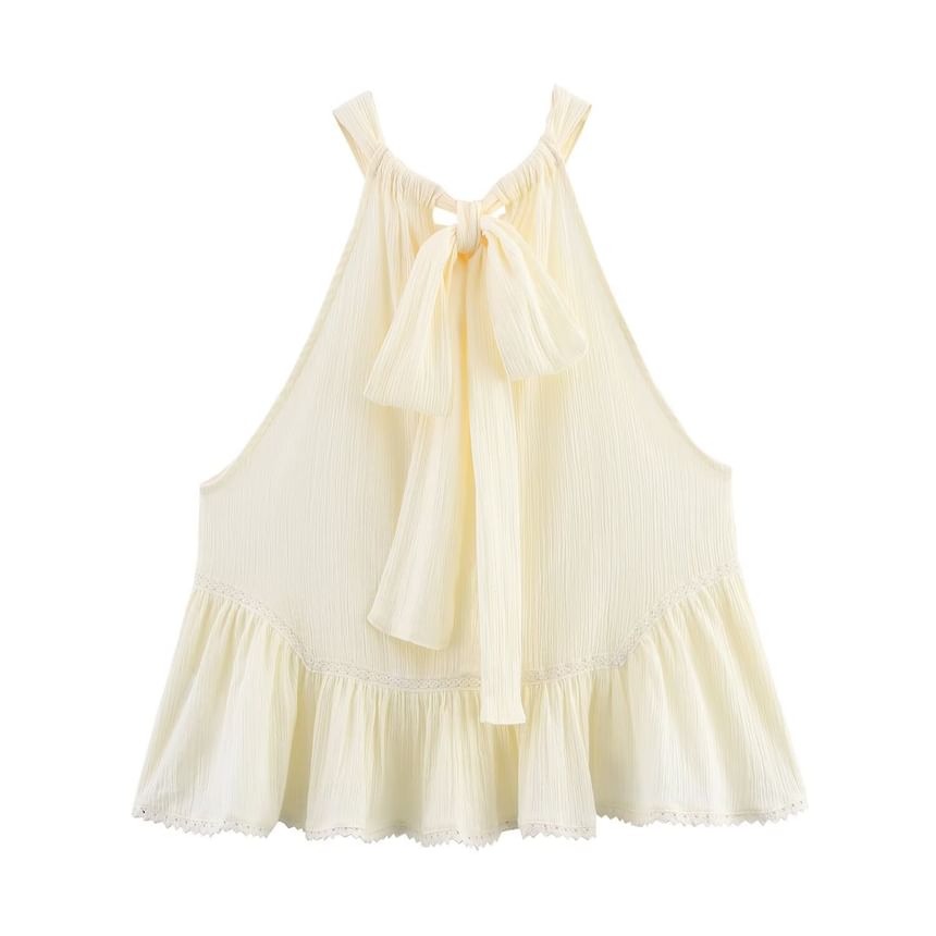 Plain Halter-Neck Lace Panel Tie-Back Blouse
