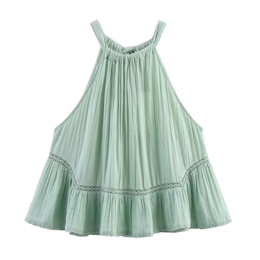 Plain Halter-Neck Lace Panel Tie-Back Blouse