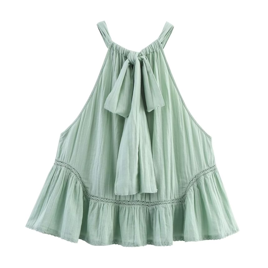 Plain Halter-Neck Lace Panel Tie-Back Blouse