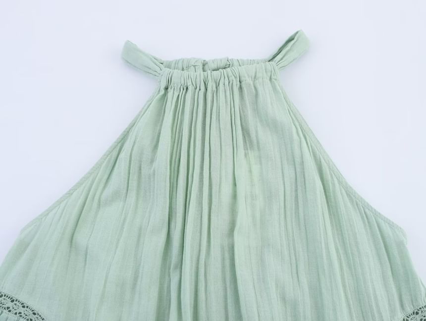 Plain Halter-Neck Lace Panel Tie-Back Blouse