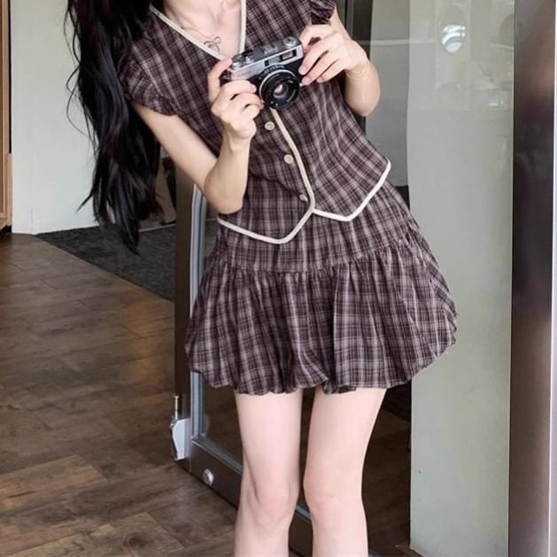 V-Neck Cap Sleeve Plaid Slim Blouse and High Waist Bubble Hem Mini Skirt Set