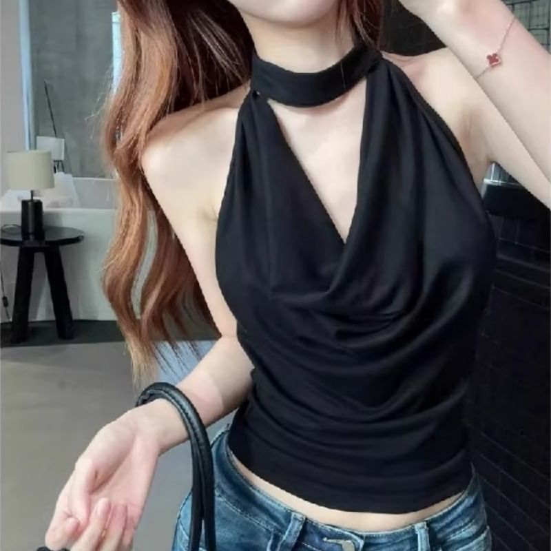 Plain Halter Cutout Blouse