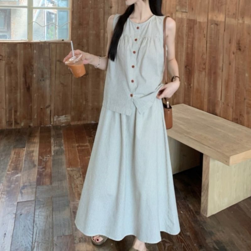 Round Neck Striped Button Top and Maxi A-Line Skirt