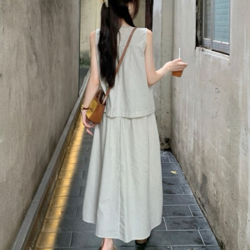 Round Neck Striped Button Top and Maxi A-Line Skirt