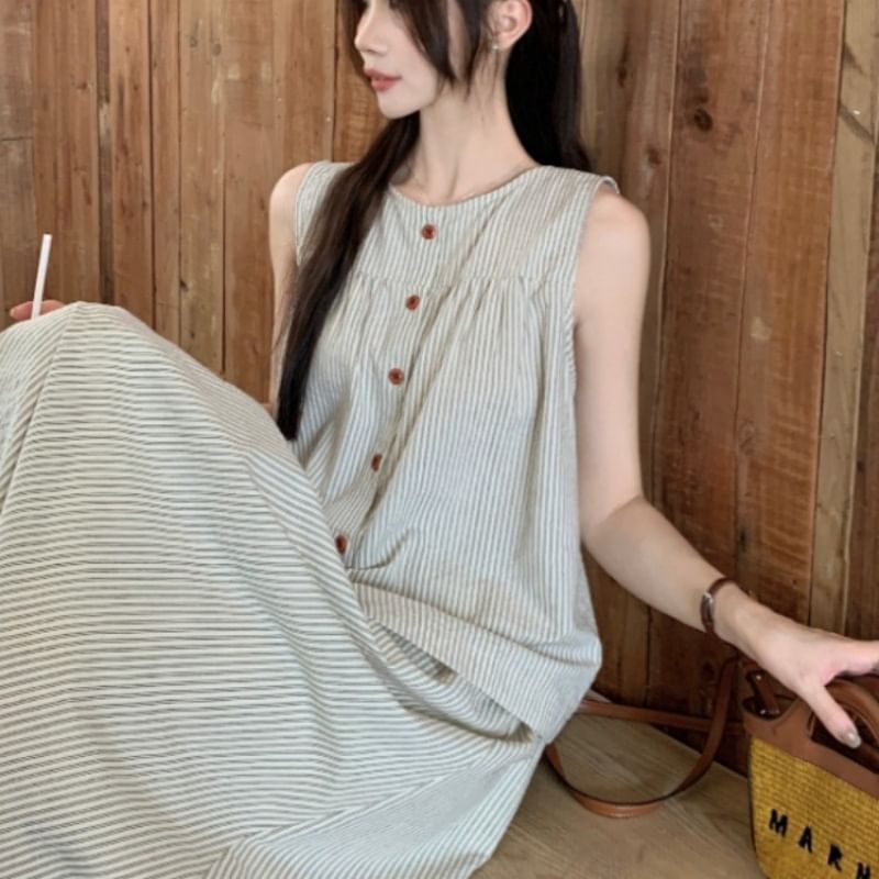 Round Neck Striped Button Top and Maxi A-Line Skirt