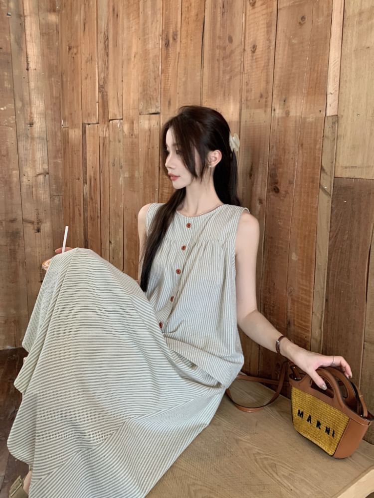 Round Neck Striped Button Top and Maxi A-Line Skirt