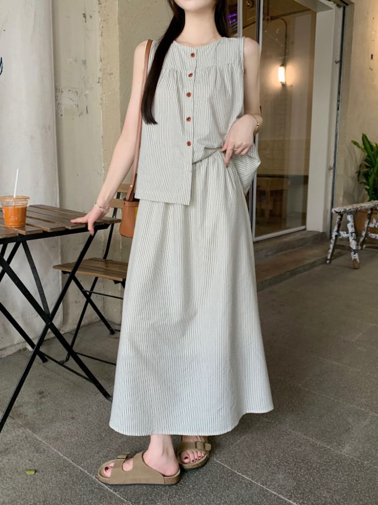 Round Neck Striped Button Top and Maxi A-Line Skirt