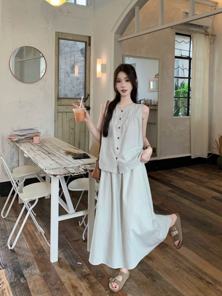 Round Neck Striped Button Top and Maxi A-Line Skirt