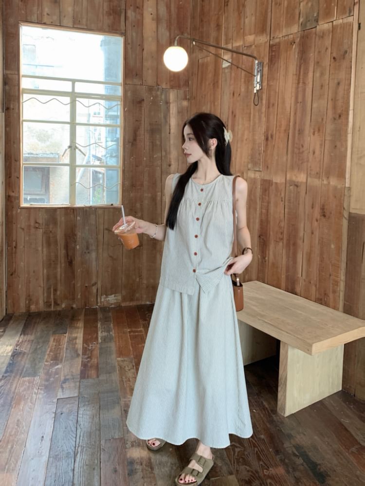 Round Neck Striped Button Top and Maxi A-Line Skirt