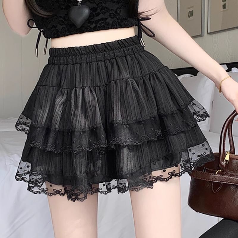 Elastic Waist Tiered Mesh Mini A-Line Skirt