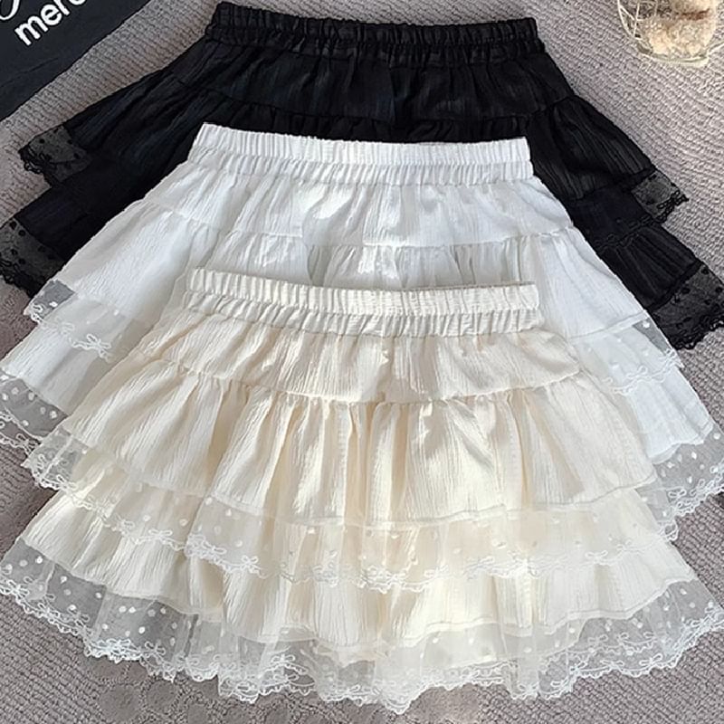 Elastic Waist Tiered Mesh Mini A-Line Skirt