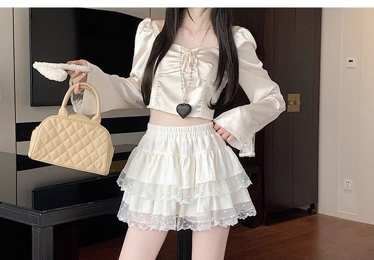 Elastic Waist Tiered Mesh Mini A-Line Skirt
